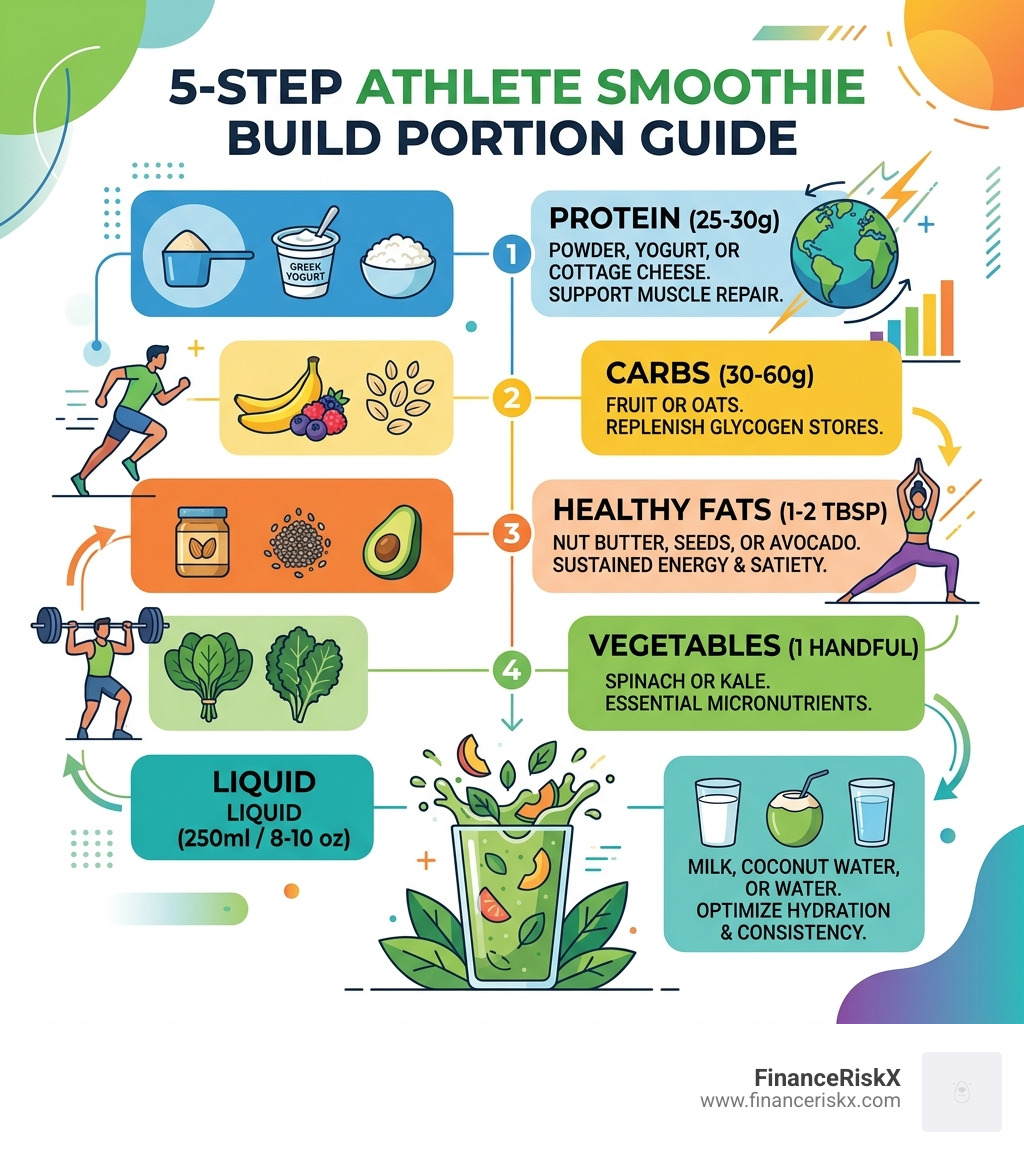 5-step athlete smoothie build with portions for protein, carbs, fats, vegetables, and liquid - athlete smoothie portion