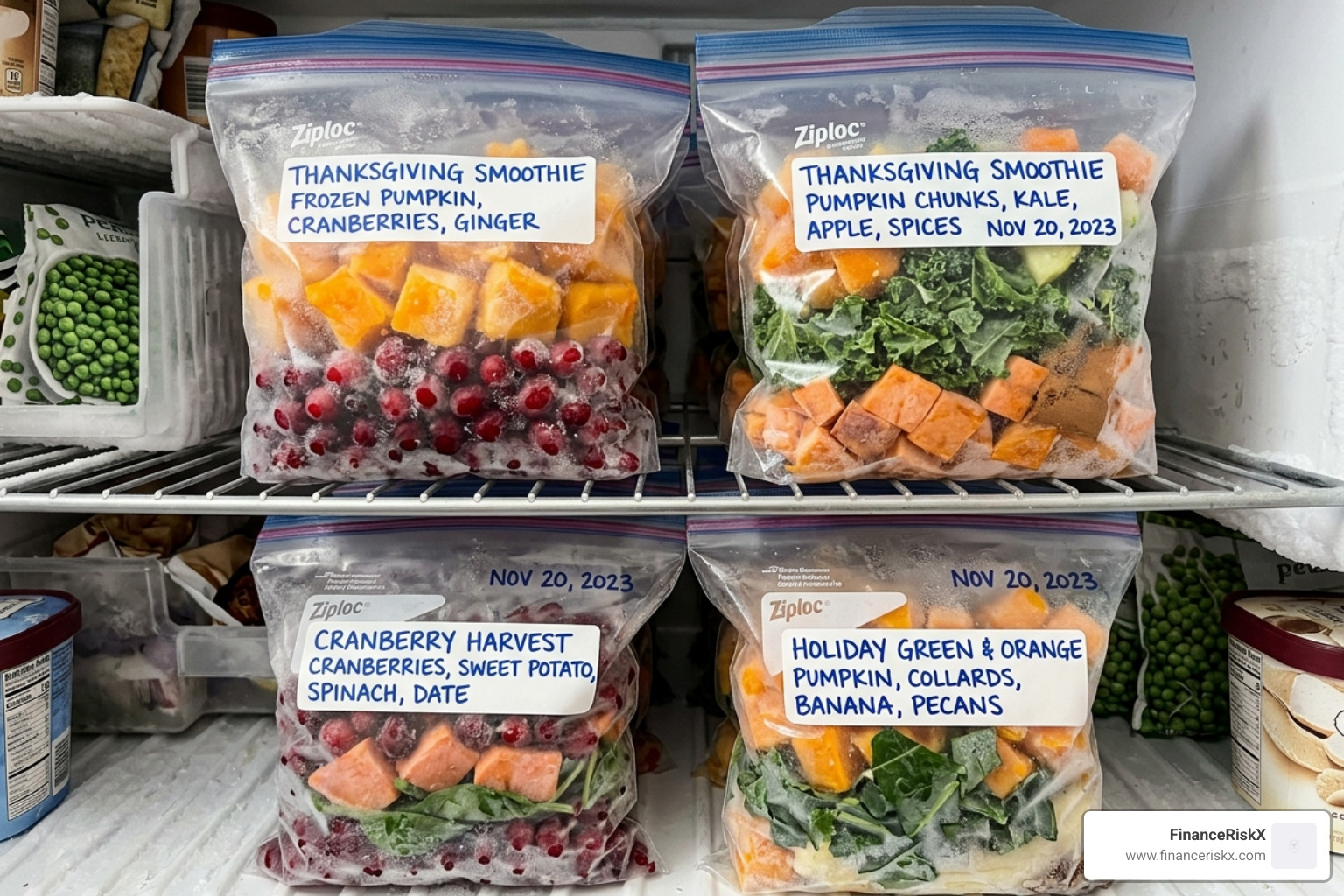 Pre-portioned smoothie bags in a freezer - thanksgiving smoothie cup tips