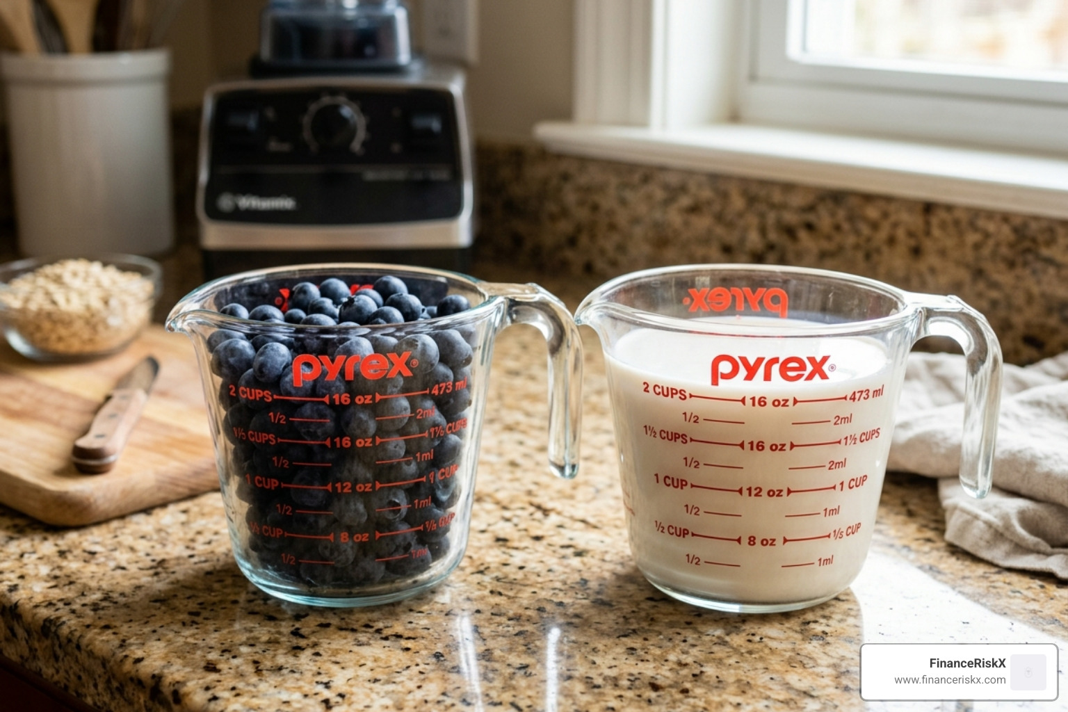 Measuring cups filled with blueberries and almond milk to demonstrate ratios - smoothie liquid amount guide