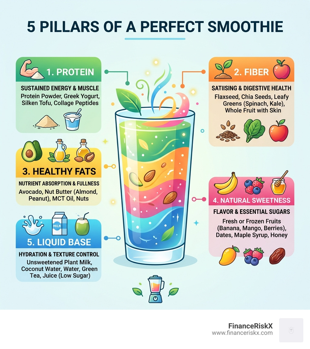 5 pillars of a perfect smoothie: protein, fiber, healthy fats, natural sweetness, and liquid base - amazing healthy smoothie