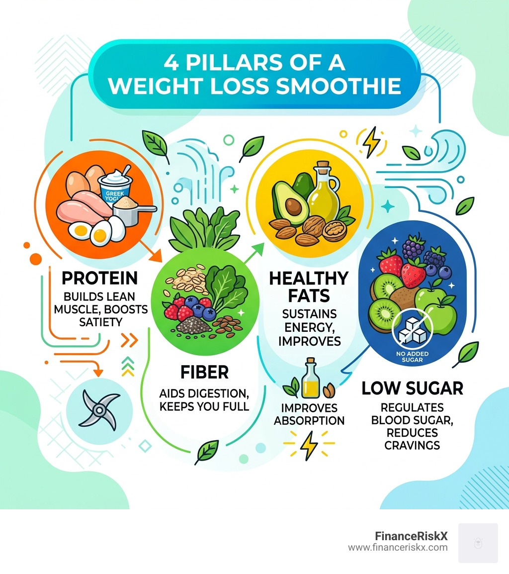 4 pillars of a weight loss smoothie: protein, fiber, healthy fats, low sugar - easy healthy smoothie recipes for weight loss