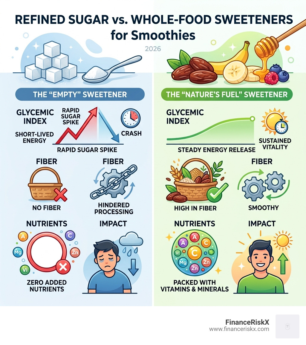 Comparison infographic: refined sugar vs whole-food smoothie sweeteners, glycemic index, fiber, nutrients - healthy smoothie