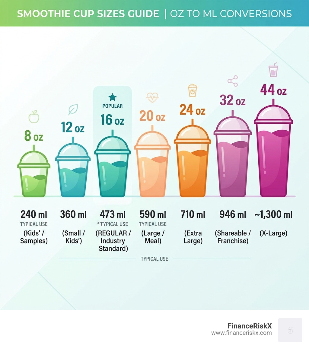 Standard smoothie cup sizes with oz and ml conversions from 8oz to 44oz - restaurant smoothie cup size infographic 