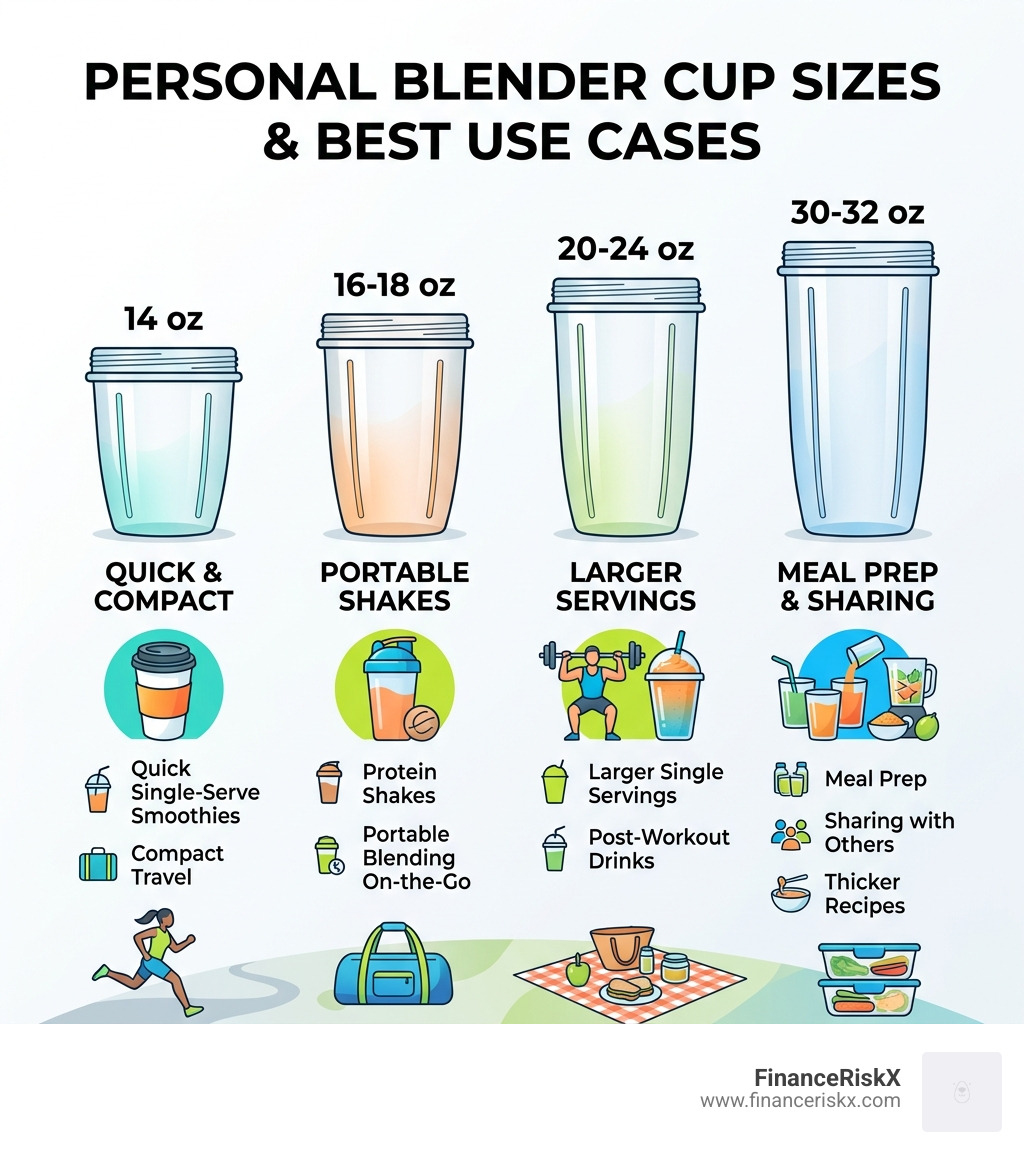 infographic showing standard personal blender cup sizes from 14oz to 32oz with best use cases - personal blender cup size