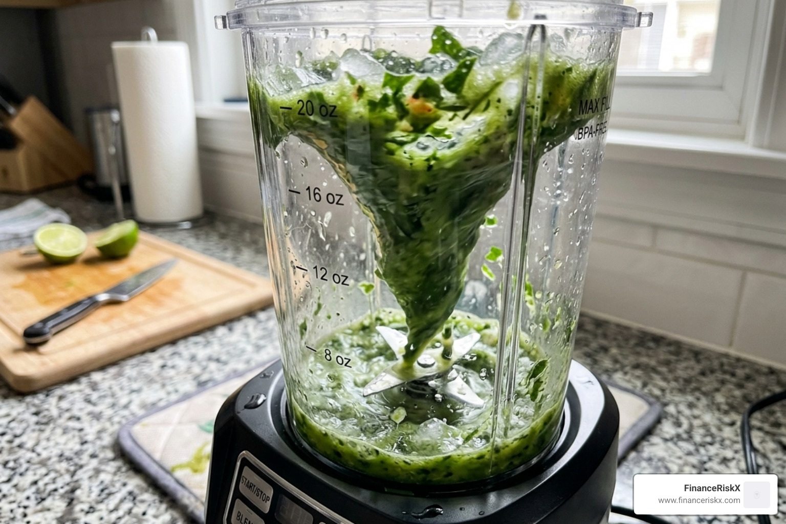 high-speed blend in a 20 oz vessel showing a perfect vortex - personal blender cup size
