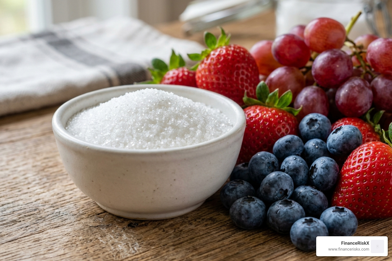 Granulated erythritol next to fresh fruit - erythritol in fruit smoothies