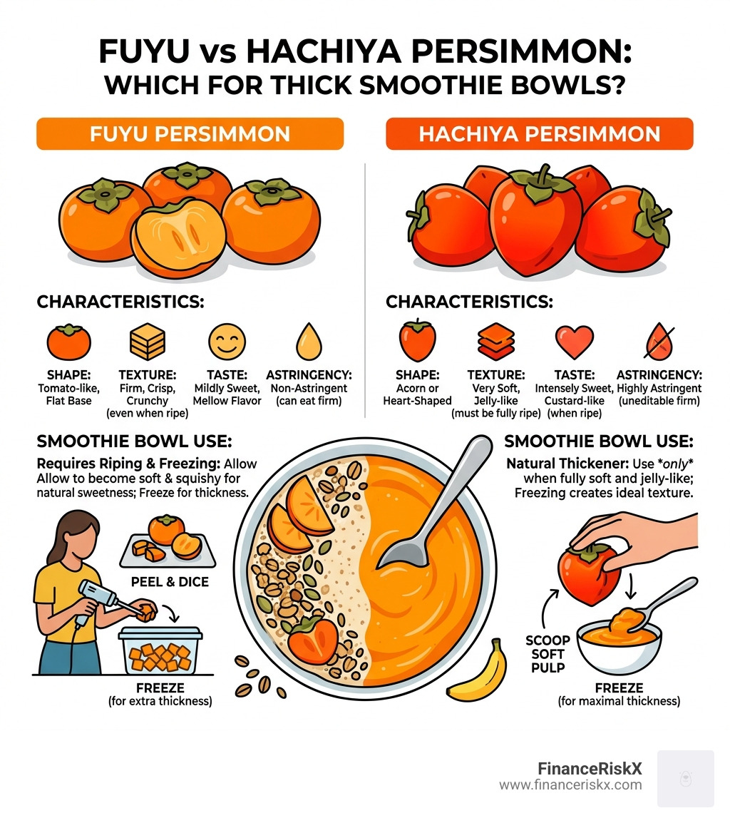 Fuyu vs Hachiya persimmon comparison infographic for smoothie bowls - thick persimmon smoothie bowl infographic Fuyu vs Hachiya persimmon comparison infographic for smoothie bowls - thick persimmon smoothie bowl infographic