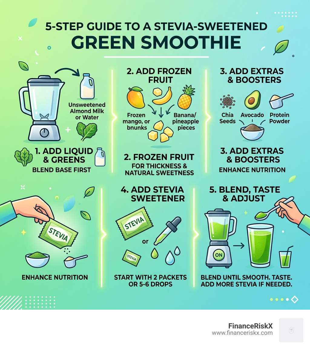 5-step infographic showing how to make a stevia sweetened green smoothie from blending order to taste testing - stevia
