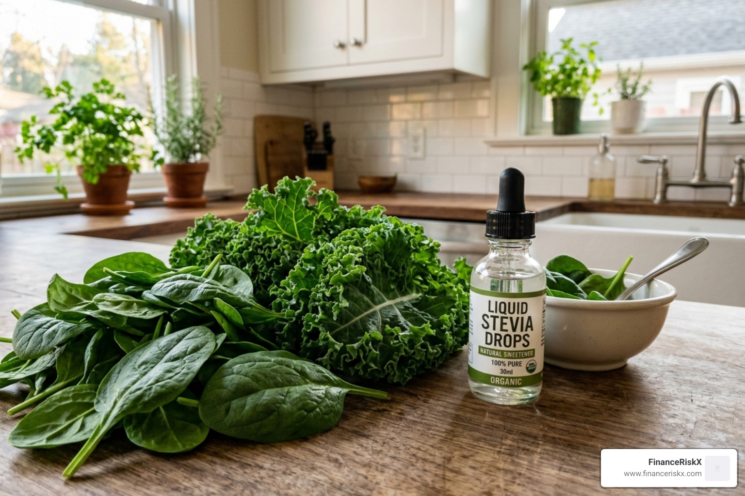 Fresh spinach, kale, and liquid stevia drops arranged on a kitchen counter - stevia sweetened green smoothies