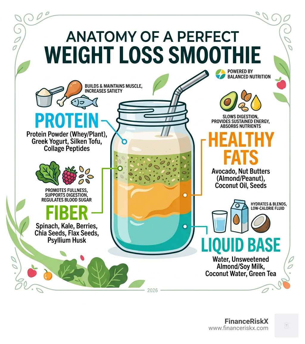 anatomy of a perfect weight loss smoothie with protein fiber healthy fats and liquid base - best healthy smoothie recipes