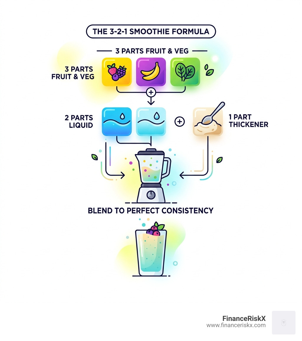 Infographic showing the 3-2-1 smoothie formula with fruit, liquid, and thickener ratios - smoothie portion size infographic 