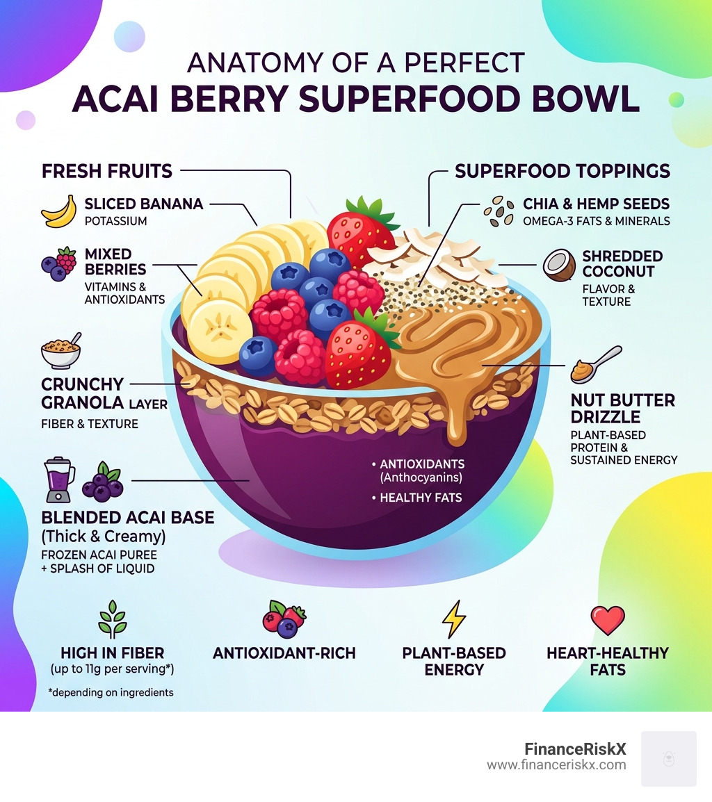 anatomy of a perfect acai berry superfood bowl with labeled layers and toppings - acai berry superfood bowl infographic
