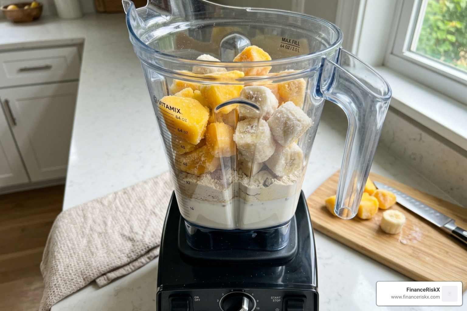 A blender being layered with liquid at the bottom and frozen fruit on top - frozen fruit thick smoothies