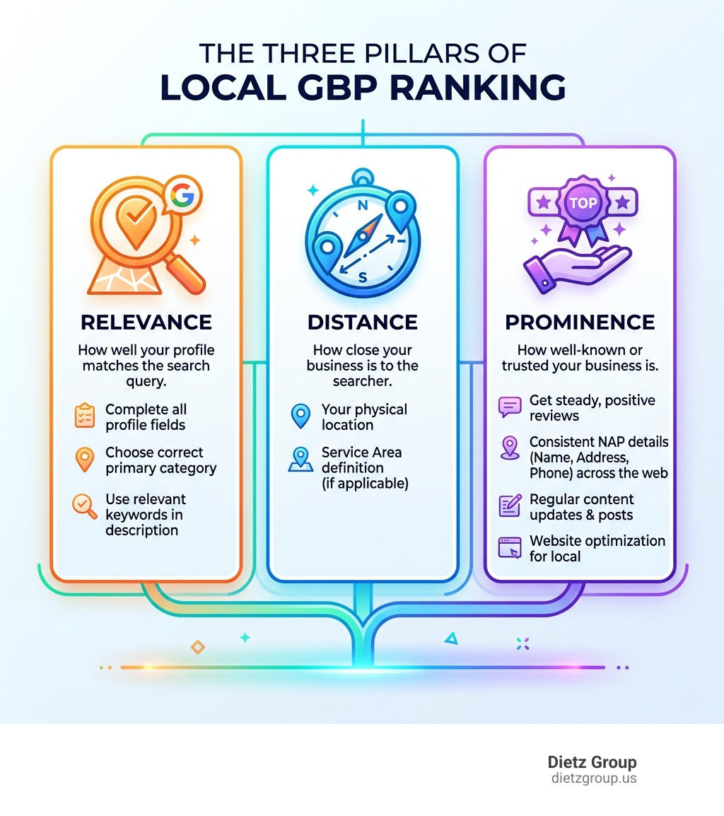 Infographic showing the three pillars of local GBP ranking: Relevance, Distance, and Prominence - improve gmb ranking