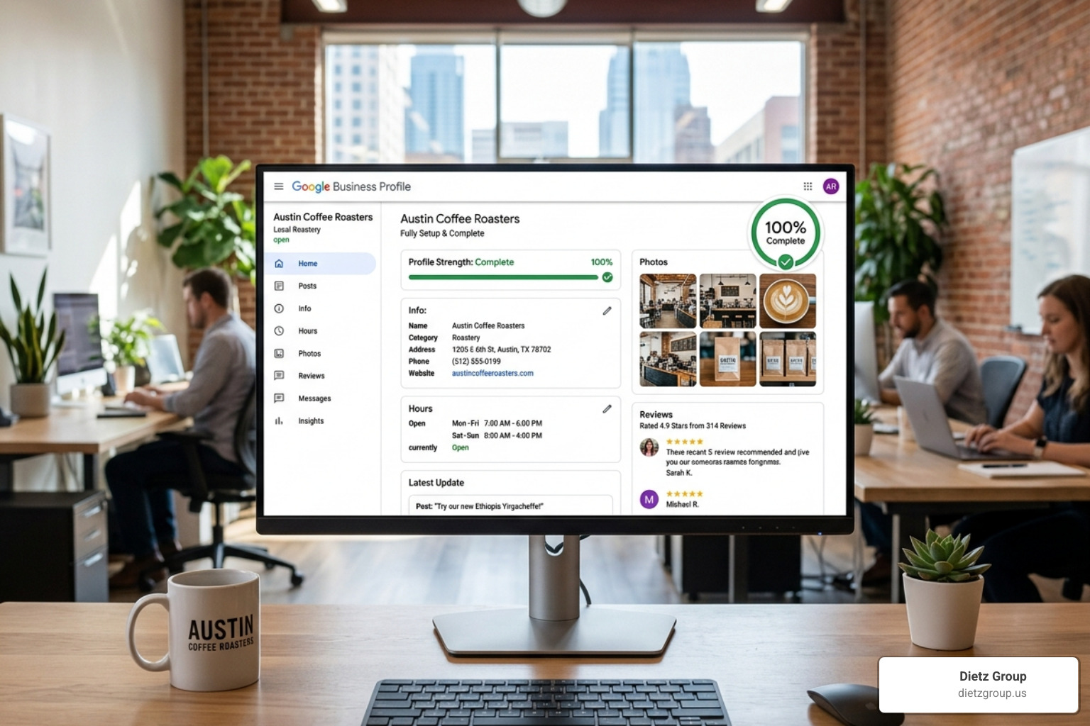 A fully completed Google Business Profile dashboard showing 100 percent completeness - improve gmb ranking