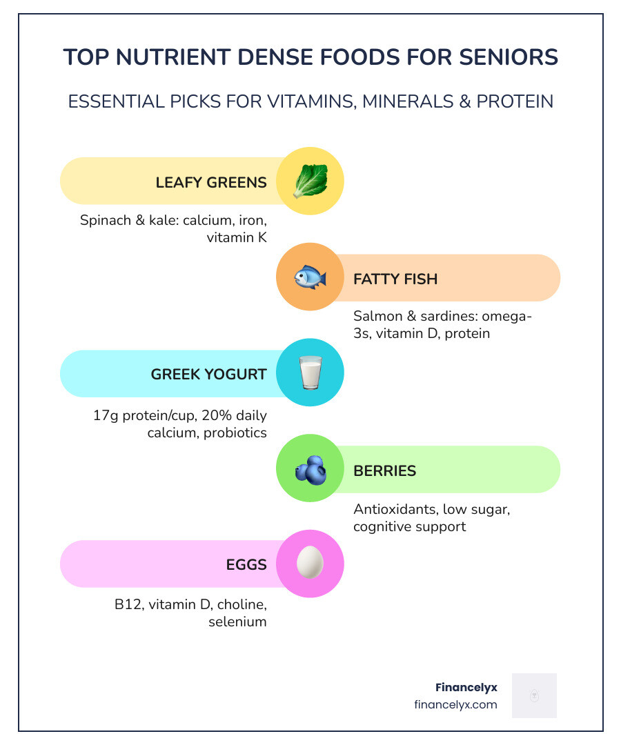 Infographic showing top nutrient dense foods for elderly with key nutrients and health benefits - nutrient dense foods for