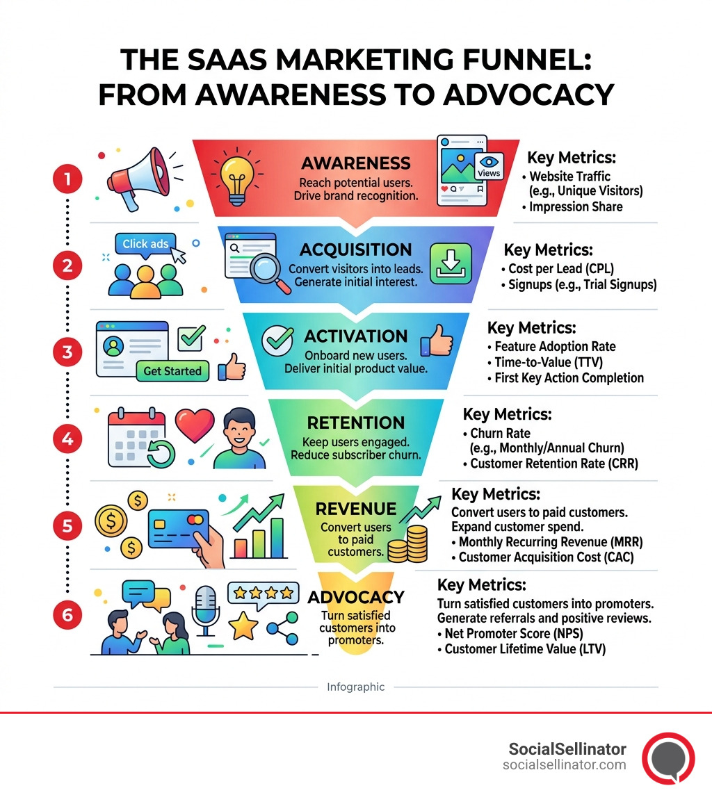 The SaaS Marketing Funnel from Awareness to Advocacy with key metrics at each stage - SaaS digital marketing agency