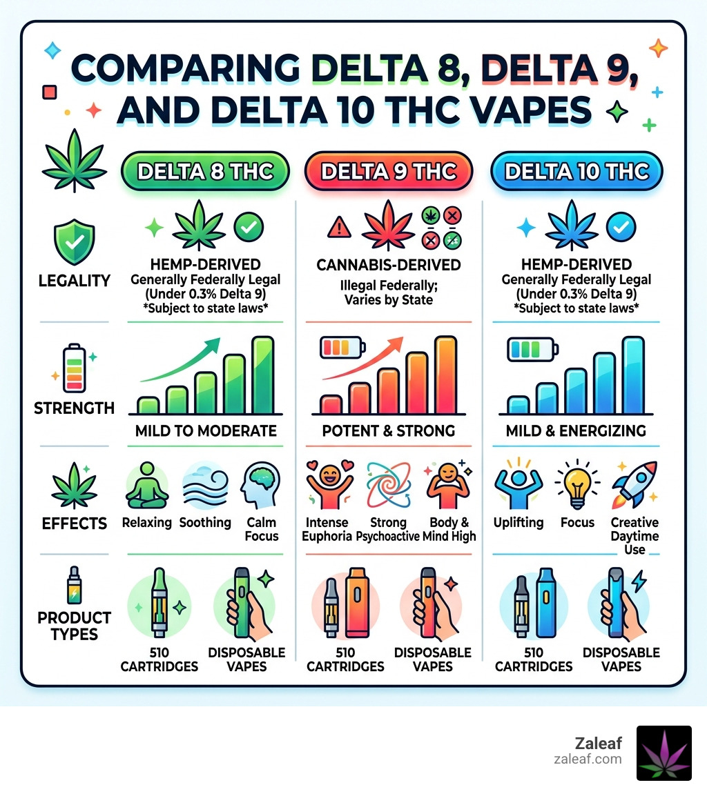 Infographic comparing Delta 8, Delta 9, and Delta 10 THC vapes: legality, strength, effects, and product types - Delta 8 Infographic comparing Delta 8, Delta 9, and Delta 10 THC vapes: legality, strength, effects, and product types - Delta 8