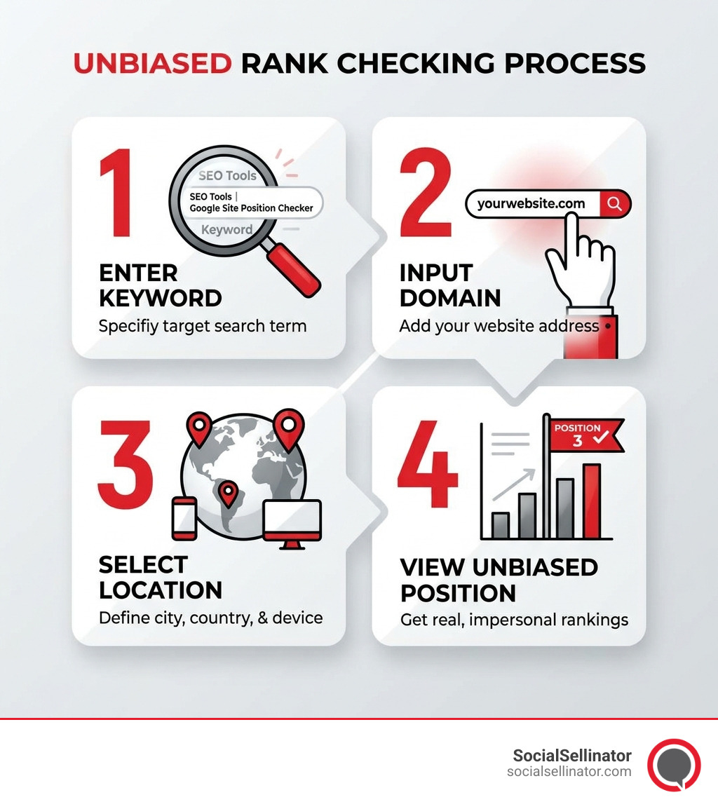 Infographic showing 4-step rank checking process: enter keyword, input domain, select location, view unbiased position