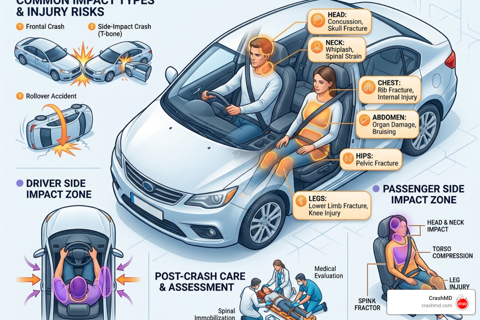 Common impact points and injury zones in a vehicle crash - Car accident injury treatment Common impact points and injury zones in a vehicle crash - Car accident injury treatment