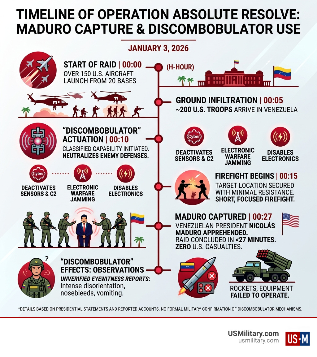 Timeline infographic of Operation Absolute Resolve Maduro capture January 3 2026 and Discombobulator use - What is the Timeline infographic of Operation Absolute Resolve Maduro capture January 3 2026 and Discombobulator use - What is the