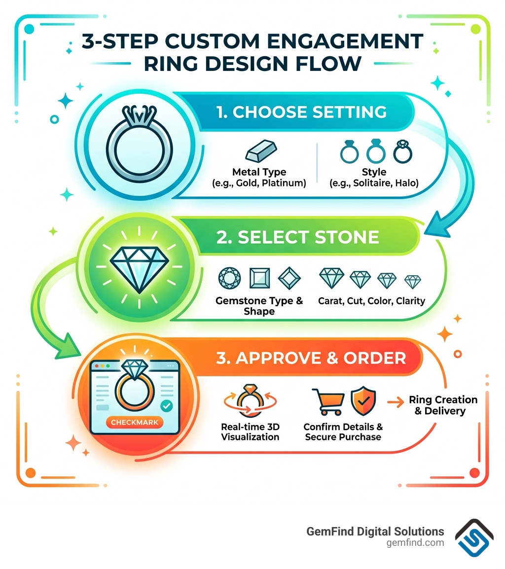 3-step custom engagement ring design flow: choose setting, select stone, approve and order - custom engagement ring website 3-step custom engagement ring design flow: choose setting, select stone, approve and order - custom engagement ring website