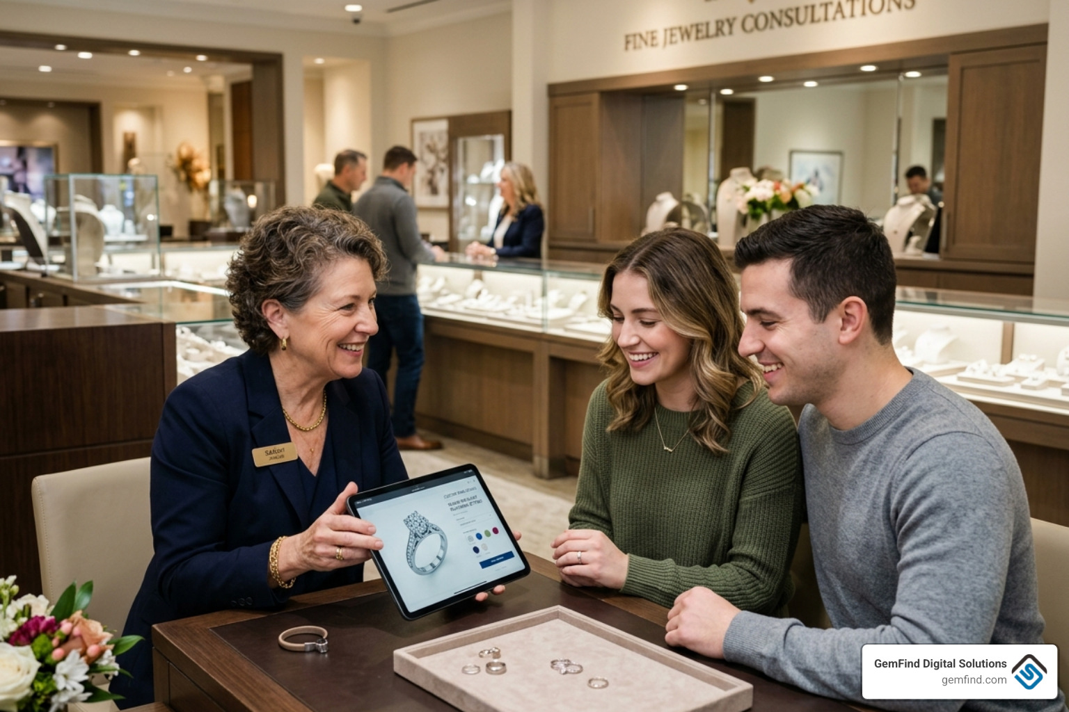 jeweler consulting with a couple over a digital tablet to design a ring - custom engagement ring website jeweler consulting with a couple over a digital tablet to design a ring - custom engagement ring website