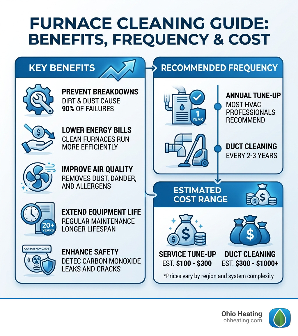 infographic showing furnace cleaning benefits, frequency, and cost range - furnace cleaning near me infographic 