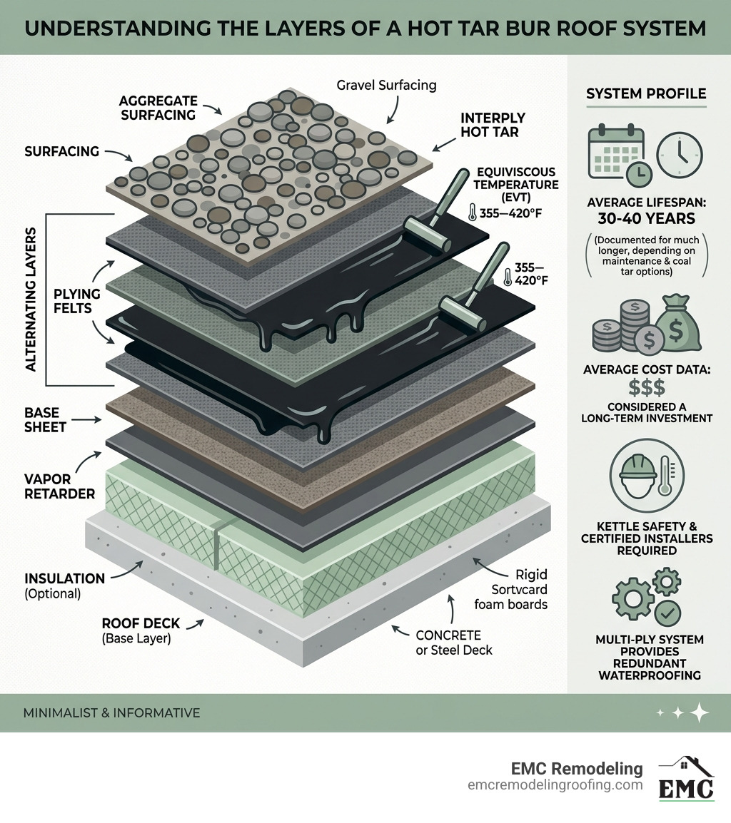 Infographic showing layers of a hot tar BUR roof system with lifespan and cost data - hot tar roofers infographic 