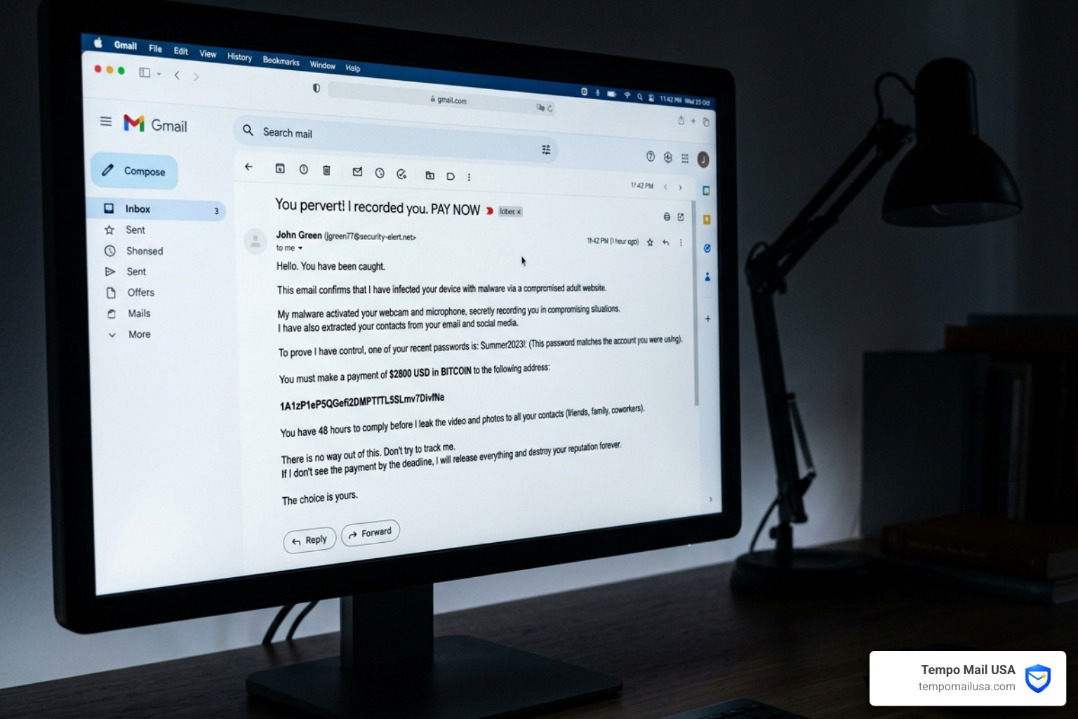 Example of a blackmail email showing aggressive language and Bitcoin payment demands - john green scam Example of a blackmail email showing aggressive language and Bitcoin payment demands - john green scam