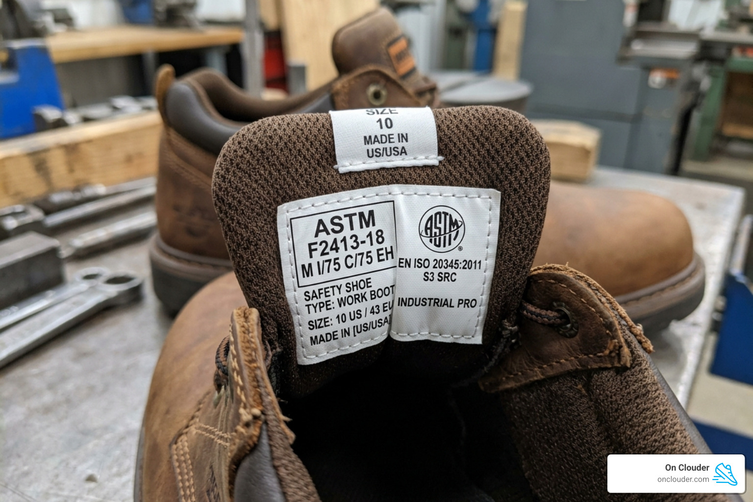 Labels and tags showing ASTM and EN ISO safety certifications - waterproof safety shoes