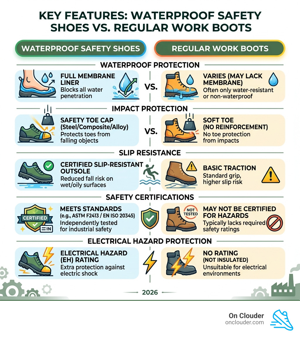 Key features of waterproof safety shoes vs regular work boots infographic - waterproof safety shoes infographic 