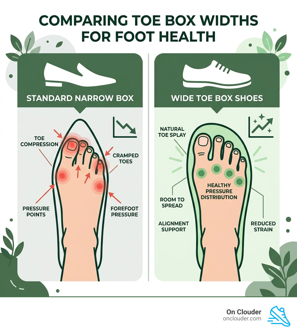 infographic comparing standard narrow toe box shoes vs wide toe box shoes showing toe splay and pressure points - ladies infographic comparing standard narrow toe box shoes vs wide toe box shoes showing toe splay and pressure points - ladies