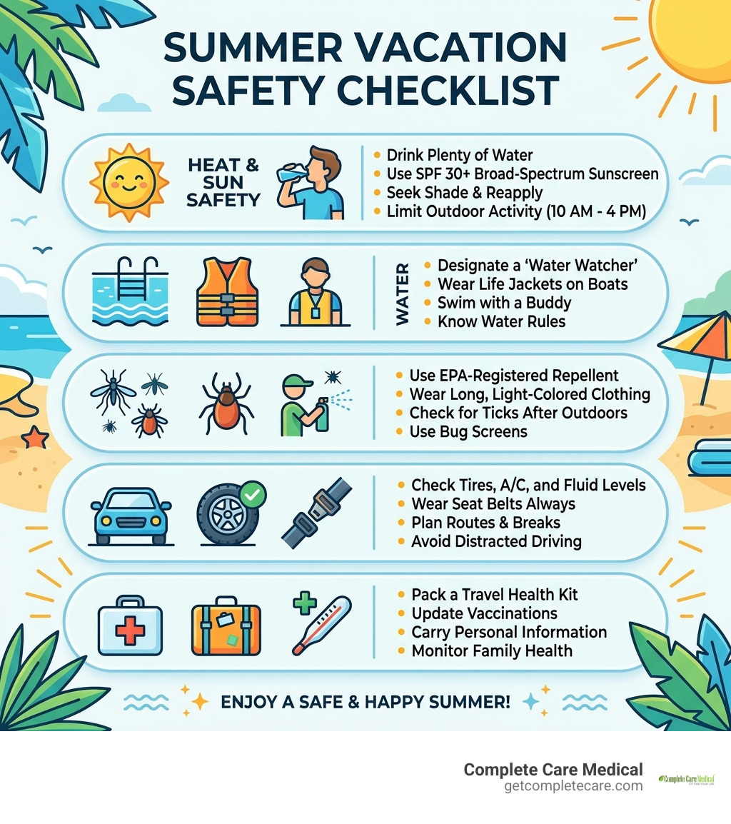 Summer vacation safety checklist infographic with tips for heat, sun, water, bugs, and travel - Summer Vacation Safety