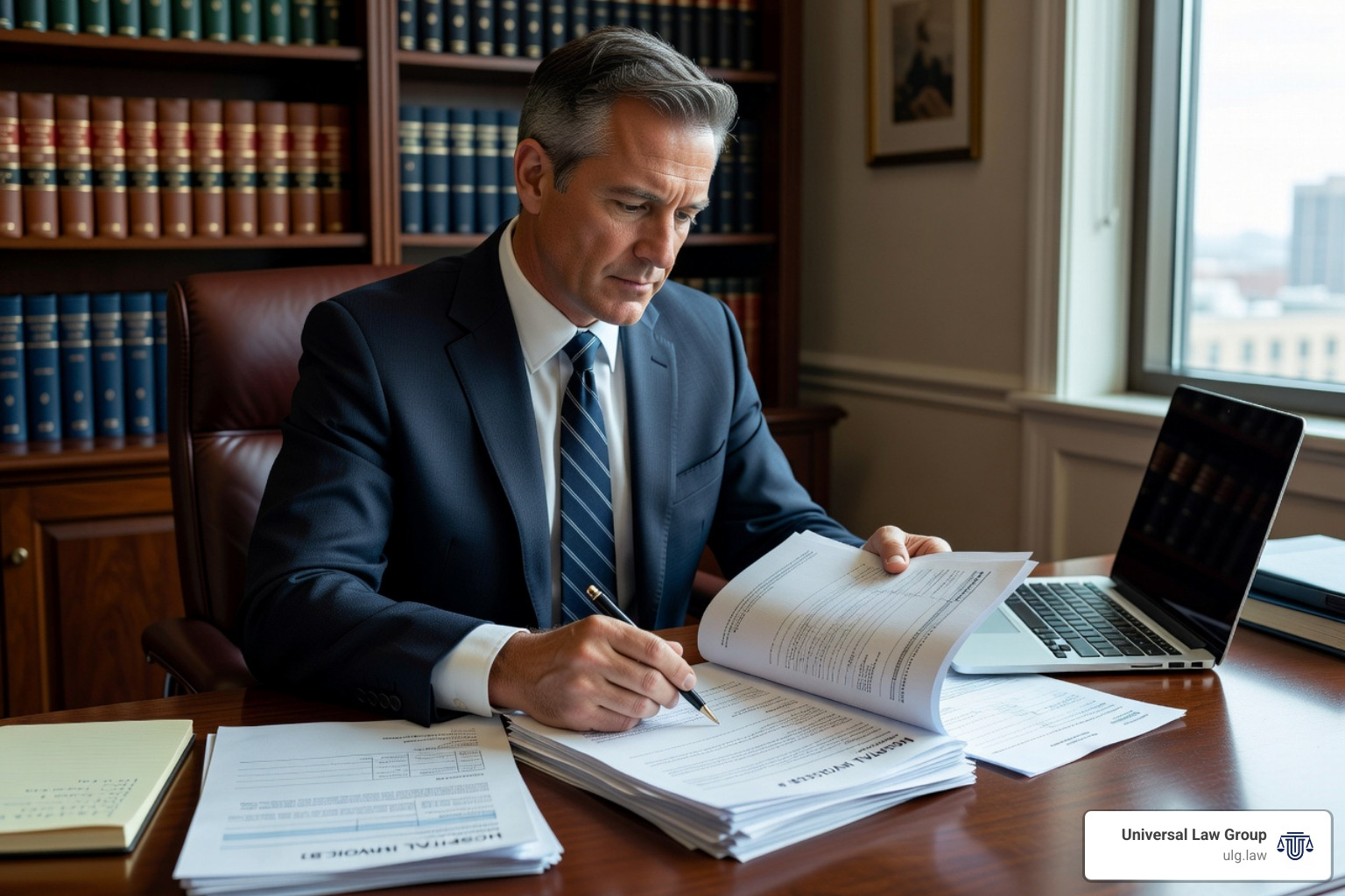 Lawyer in a suit reviewing a stack of medical records and hospital bills - how do lawyers negotiate settlements Lawyer in a suit reviewing a stack of medical records and hospital bills - how do lawyers negotiate settlements