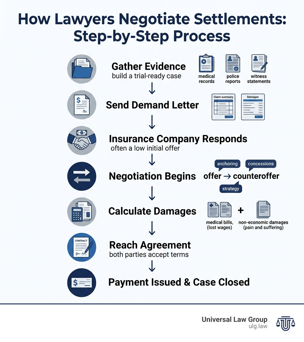 Infographic titled “How Lawyers Negotiate Settlements: Step-by-Step Process” showing the stages of a legal settlement. - how do lawyers negotiate settlements Infographic titled “How Lawyers Negotiate Settlements: Step-by-Step Process” showing the stages of a legal settlement. - how do lawyers negotiate settlements