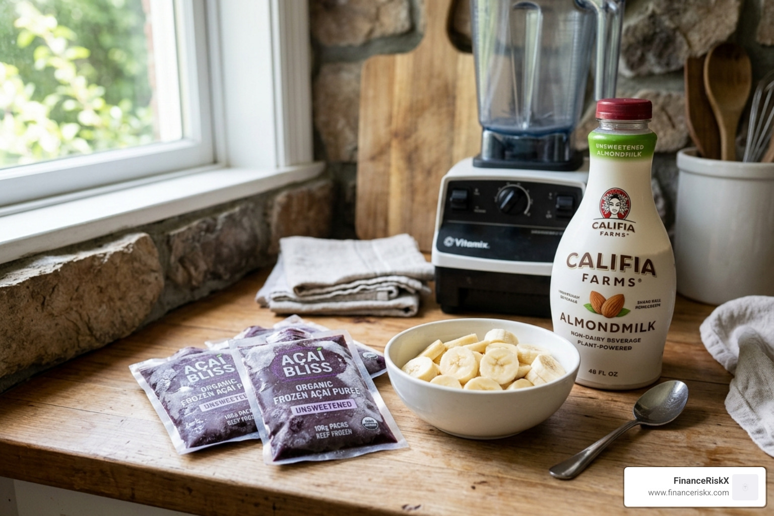 frozen acai packets, sliced bananas, and almond milk on a kitchen counter - acai berry smoothie sweet frozen acai packets, sliced bananas, and almond milk on a kitchen counter - acai berry smoothie sweet