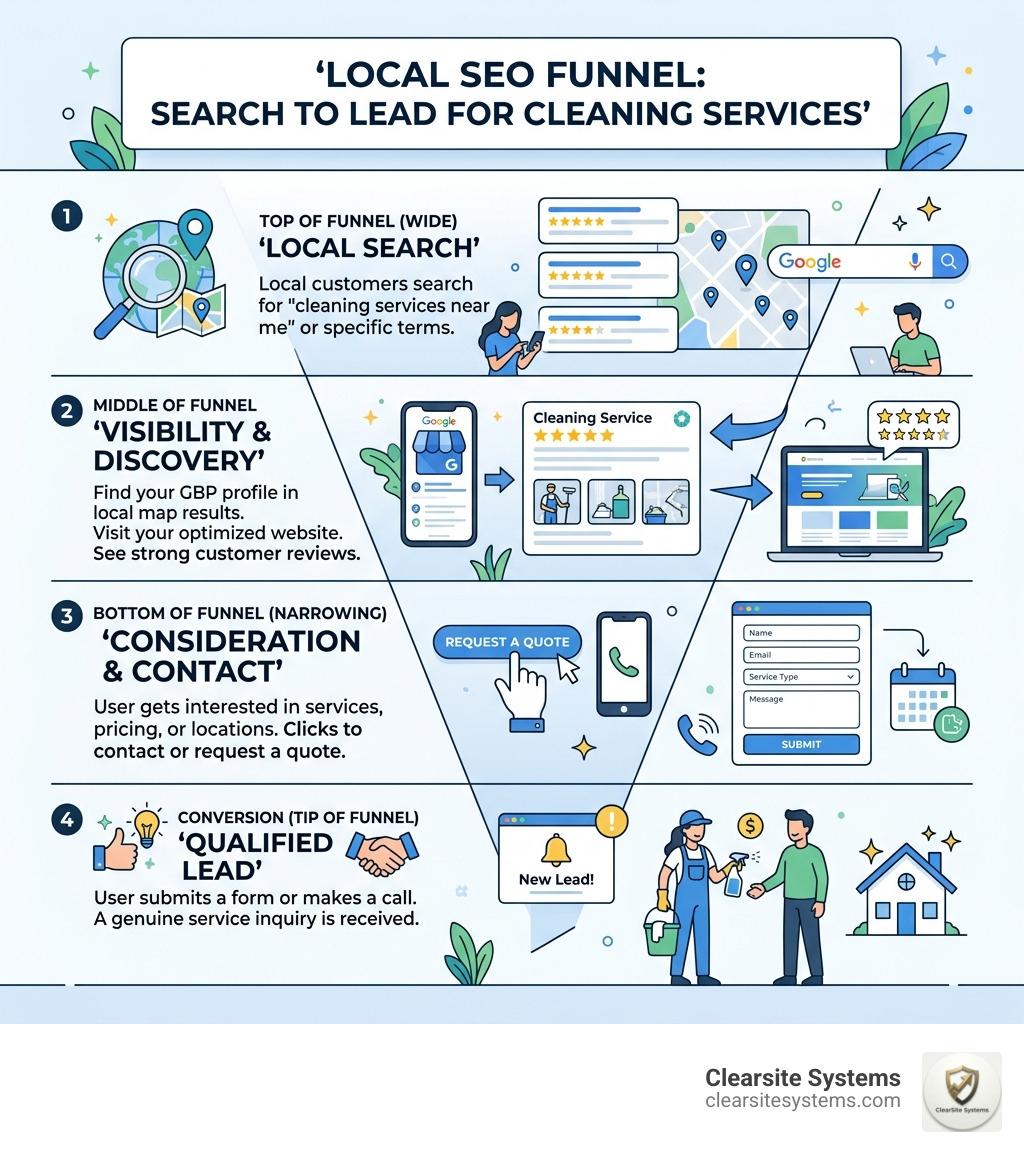 Local SEO funnel for cleaning service businesses showing search to lead conversion steps - SEO for Cleaning Companies