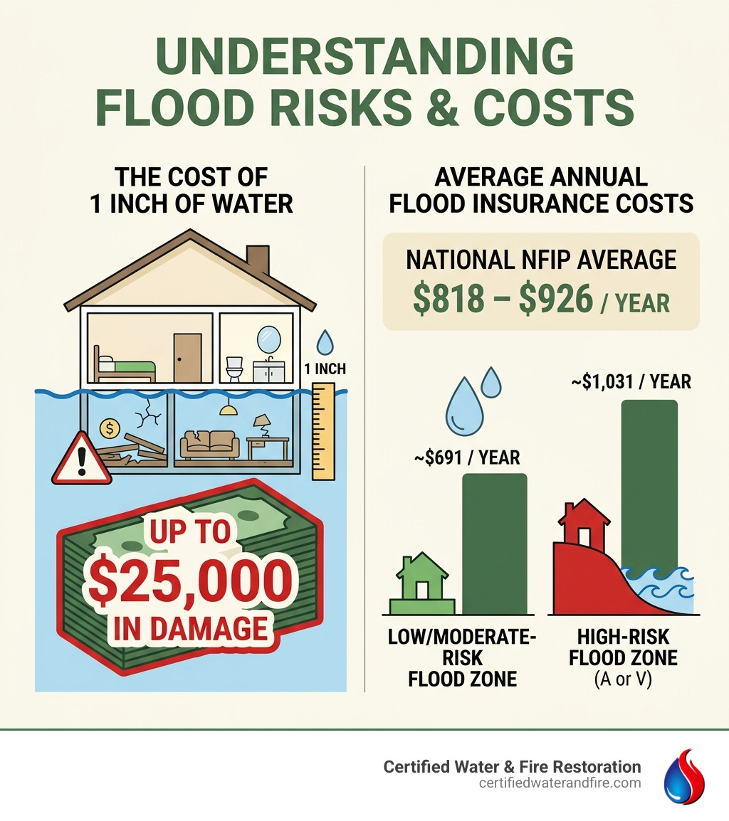 Infographic showing flood insurance average costs by risk zone and one inch of water causing $25,000 in damage - how much is