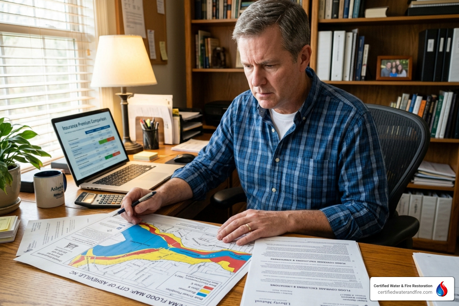 A homeowner sitting at a desk reviewing insurance policy documents and flood maps - how much is flood insurance