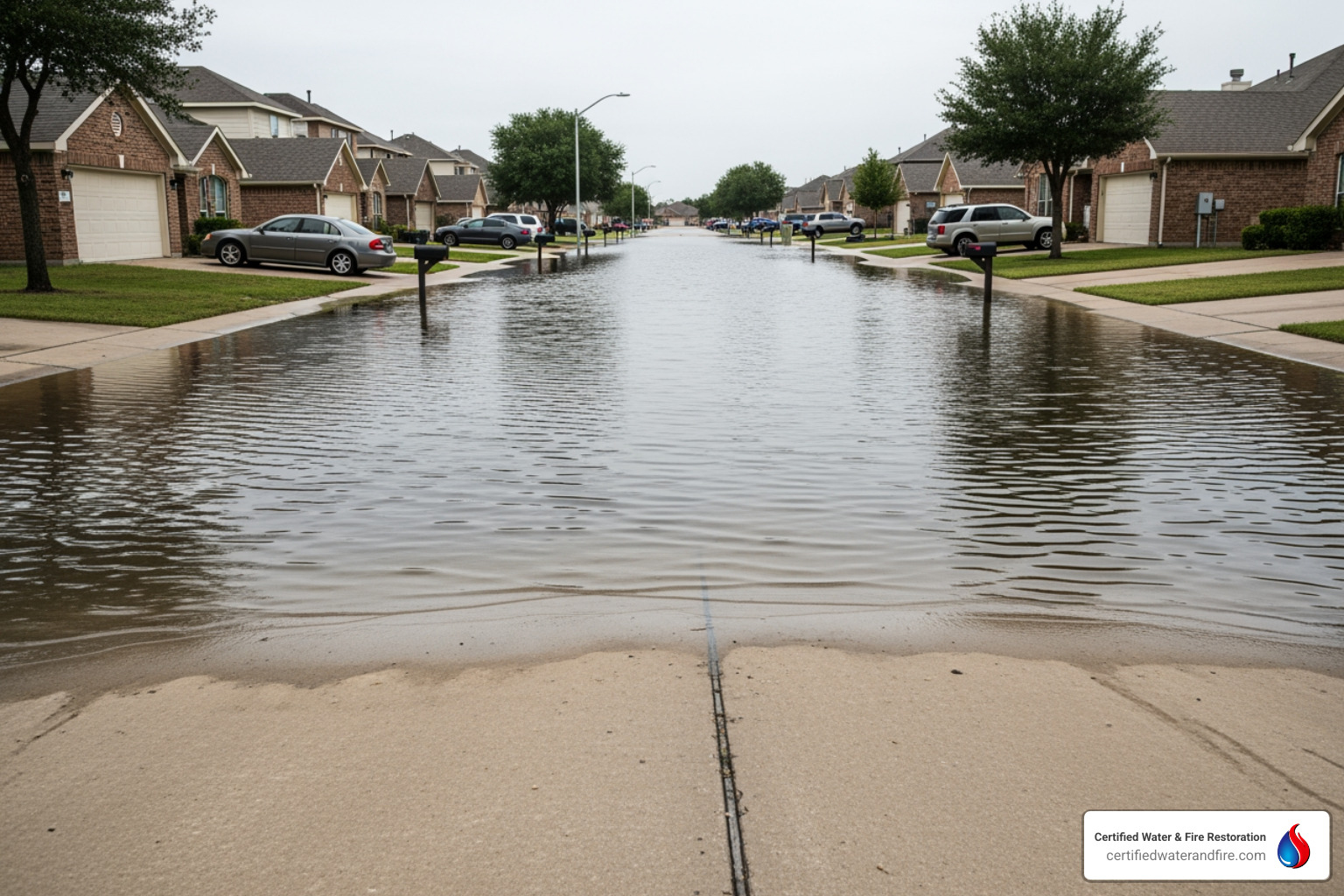 flood insurance suburban street with rising floodwaters - how much is flood insurance