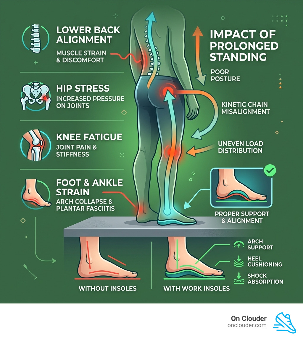 Infographic showing how prolonged standing affects feet, knees, hips, and lower back alignment - best insoles for standing