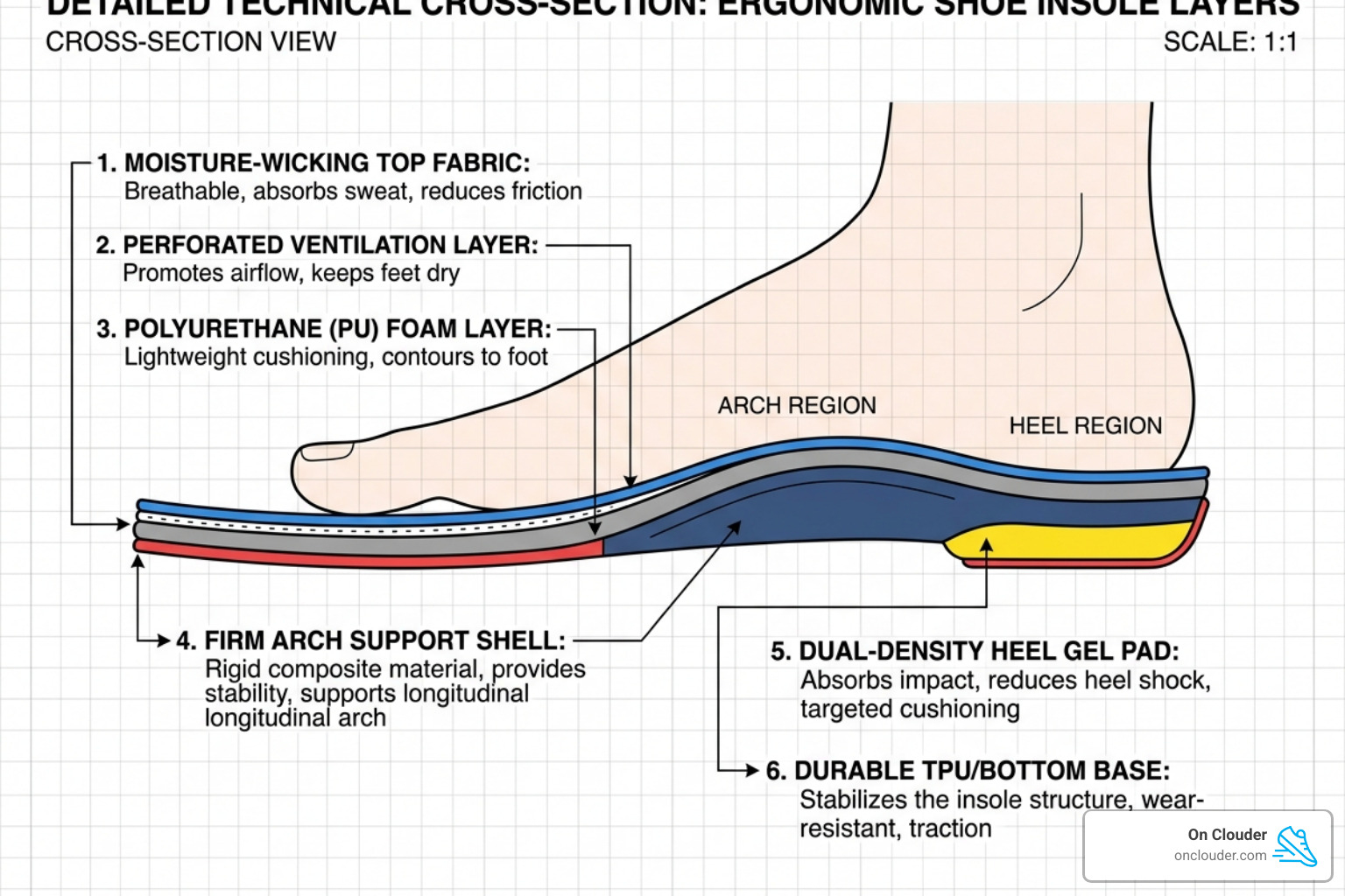 Diagram showing insole layers including moisture-wicking top fabric, arch support shell, and heel gel pad - best insoles for