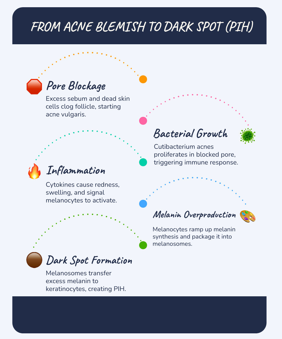 Infographic showing the cascade from acne blemish to PIH: inflammation, melanocyte activation, melanin overproduction, dark