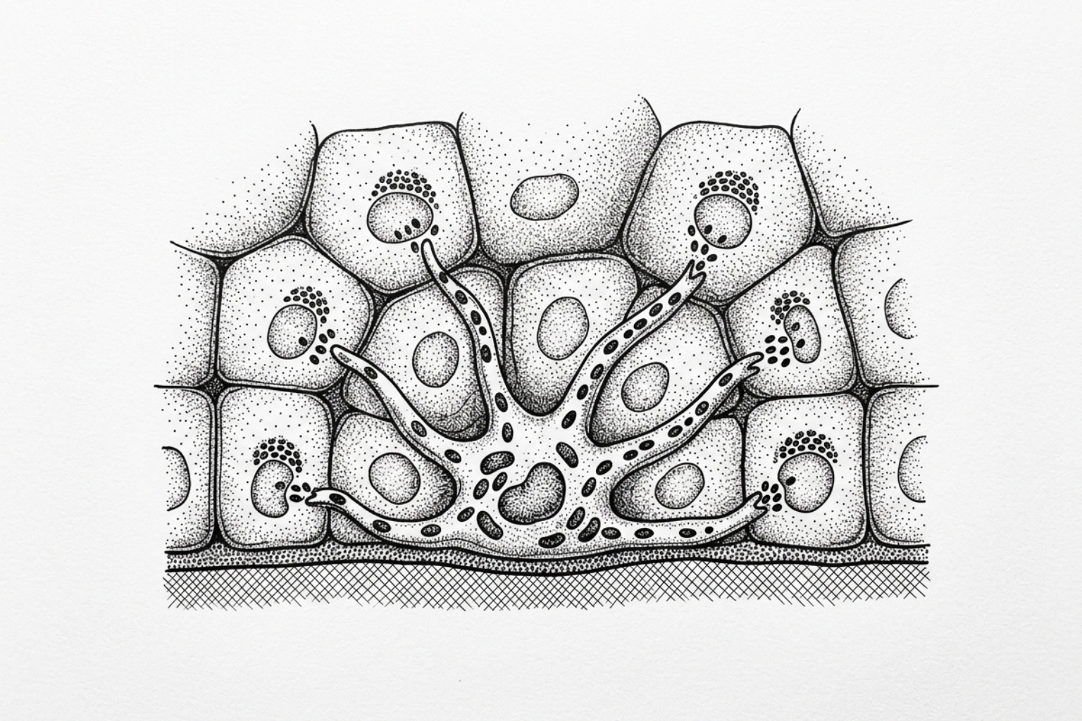 A detailed illustration of a melanocyte cell in the basal layer of the skin transferring melanin-filled melanosomes to