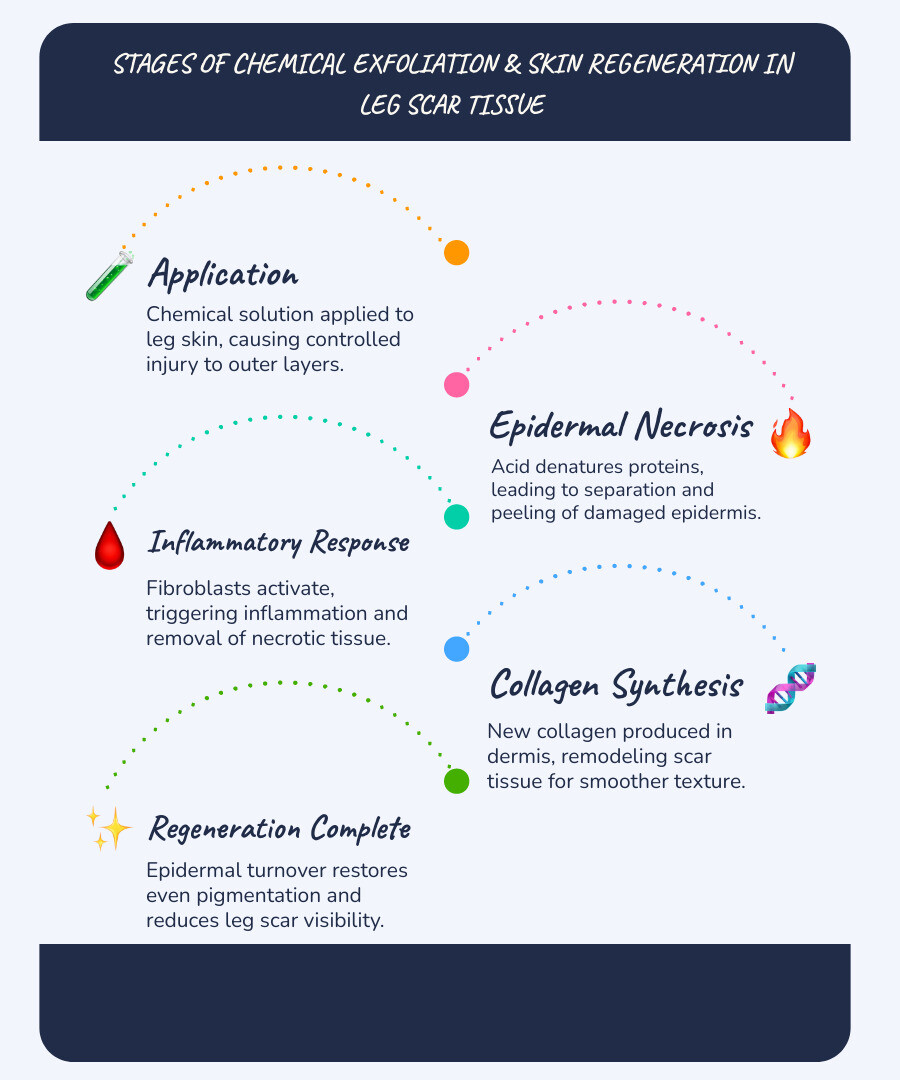 Infographic showing stages of chemical exfoliation and skin regeneration in leg scar tissue - chemical peel for leg scars