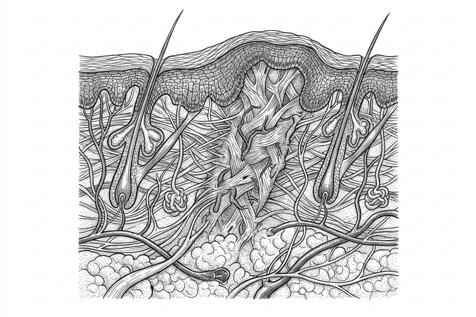 A skin cross-section showing dermal layers and scar tissue - chemical peel for leg scars