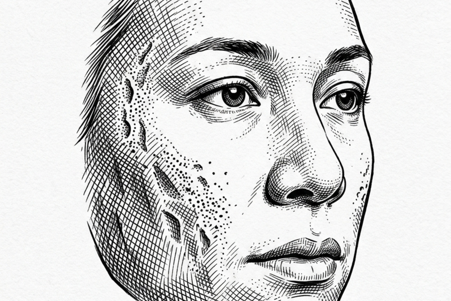 Pen-and-ink illustration of a face with various types of acne scarring, including boxcar and ice pick scars - scar removal