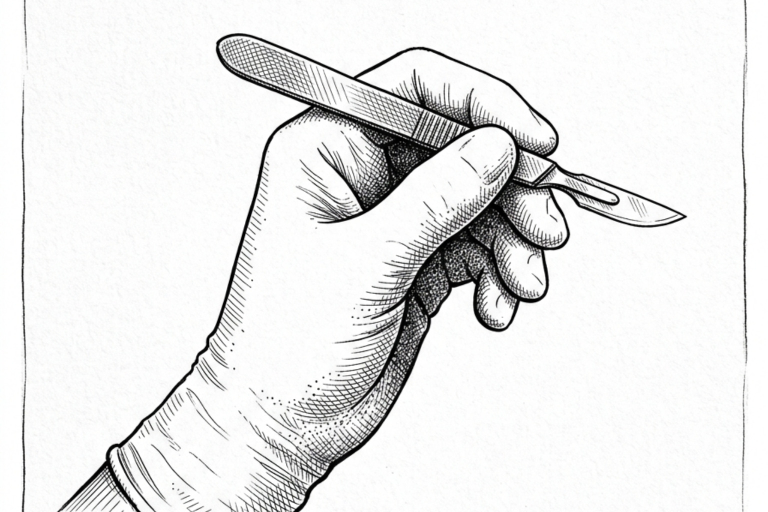 Pen-and-ink illustration of a surgeon's hand holding a scalpel, symbolizing surgical scar revision - scar removal for dark