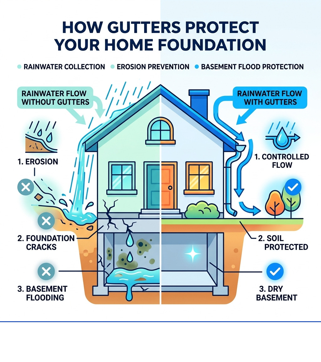 Infographic showing how gutters protect home foundations from rainwater, erosion, and basement flooding - gutter Infographic showing how gutters protect home foundations from rainwater, erosion, and basement flooding - gutter